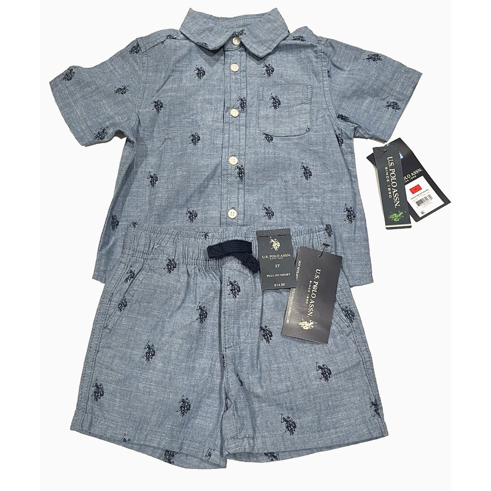 US Polo Assn Toddler Boys 2T Chambray Shirt and Shorts Set Blue Logo NWT